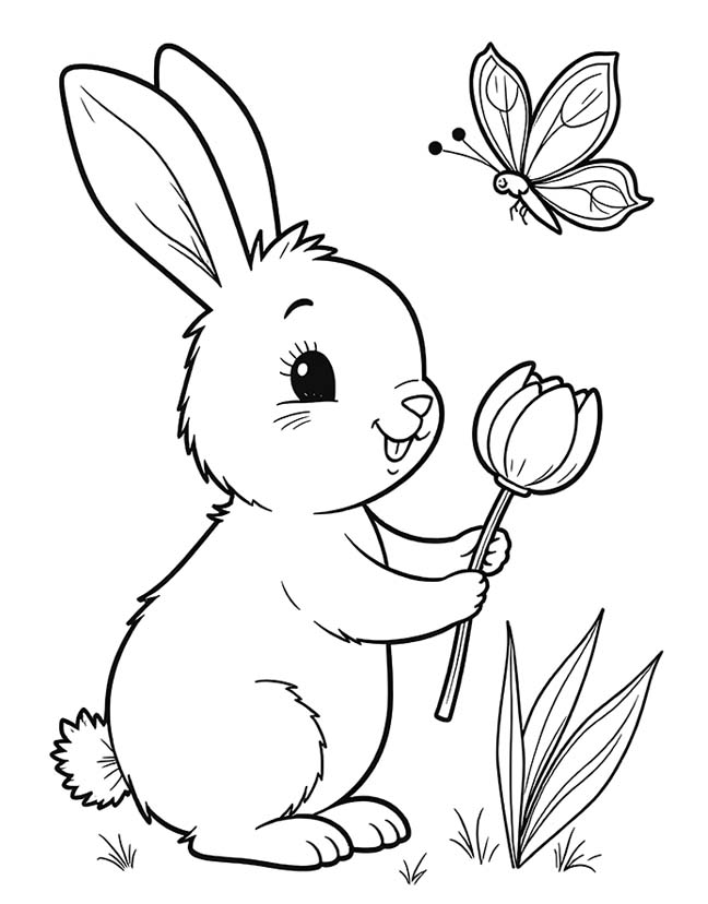 Rabbit holding a tulip coloring page